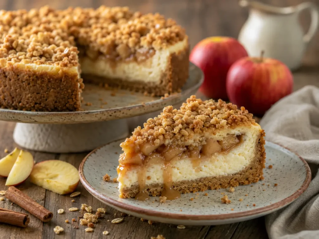 Apple Crumble Cheesecake with cinnamon apples and golden buttery topping