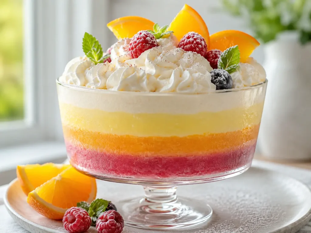 Layered Sherbet Dessert with colorful sherbet layers, whipped cream, macaroons, and pecans