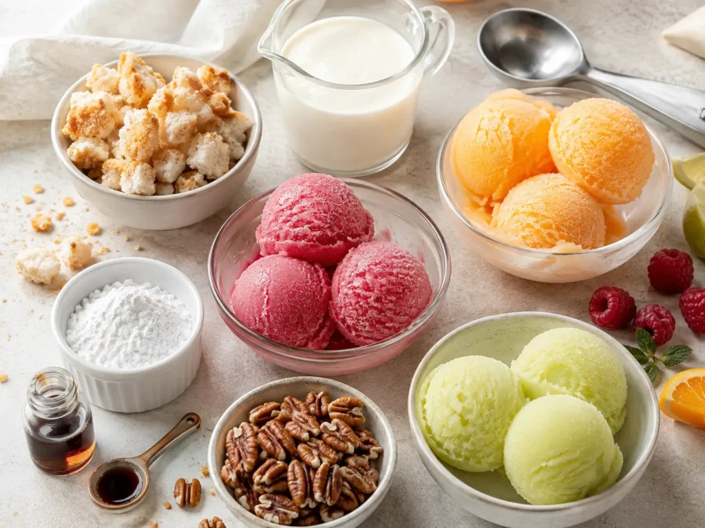 Ingredients for layered sherbet dessert arranged on a light surface, including coconut macaroon crumbs, heavy cream, powdered sugar, vanilla extract, toasted pecans, raspberry sherbet, orange sherbet, and lime sherbet.