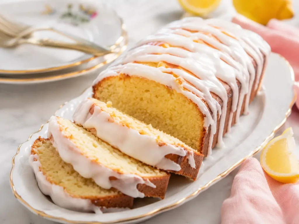 Lemon Pound Cake with fresh lemon glaze on a kitchen counter