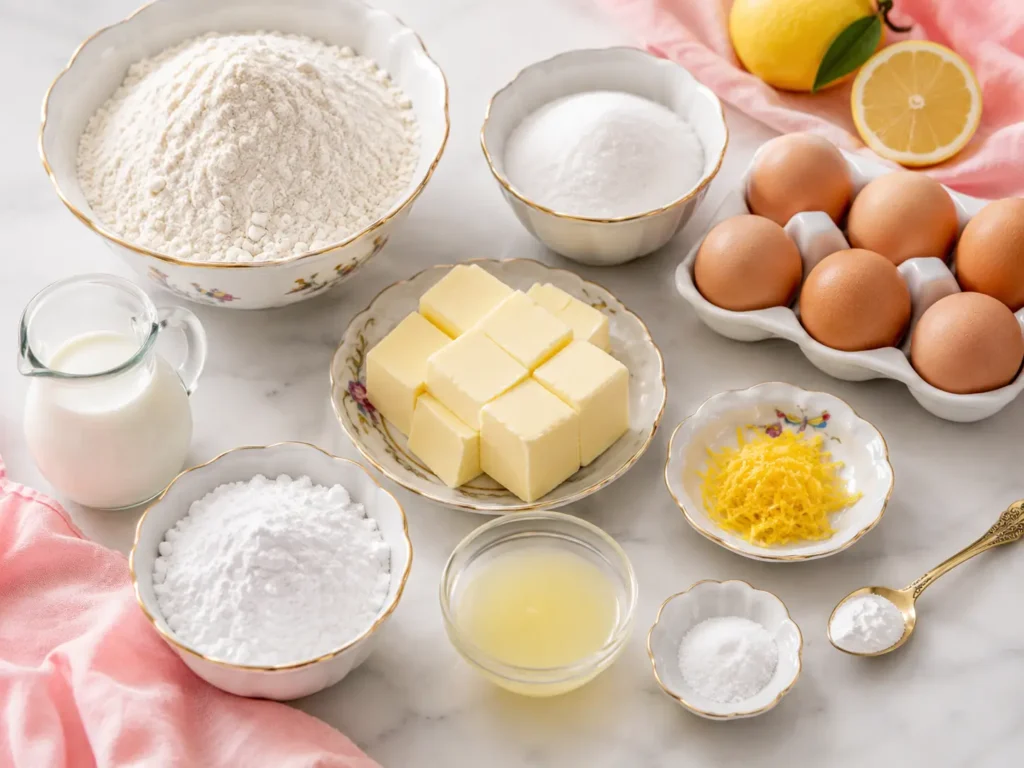 Lemon pound cake ingredients arranged on a marble countertop with flour, sugar, eggs, butter, lemons, lemon zest, milk, powdered sugar, salt, and baking powder in elegant white bowls with gold trim.