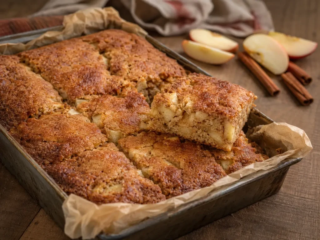 Oatmeal Apple Cake sliced on a plate with fresh apple and oats
