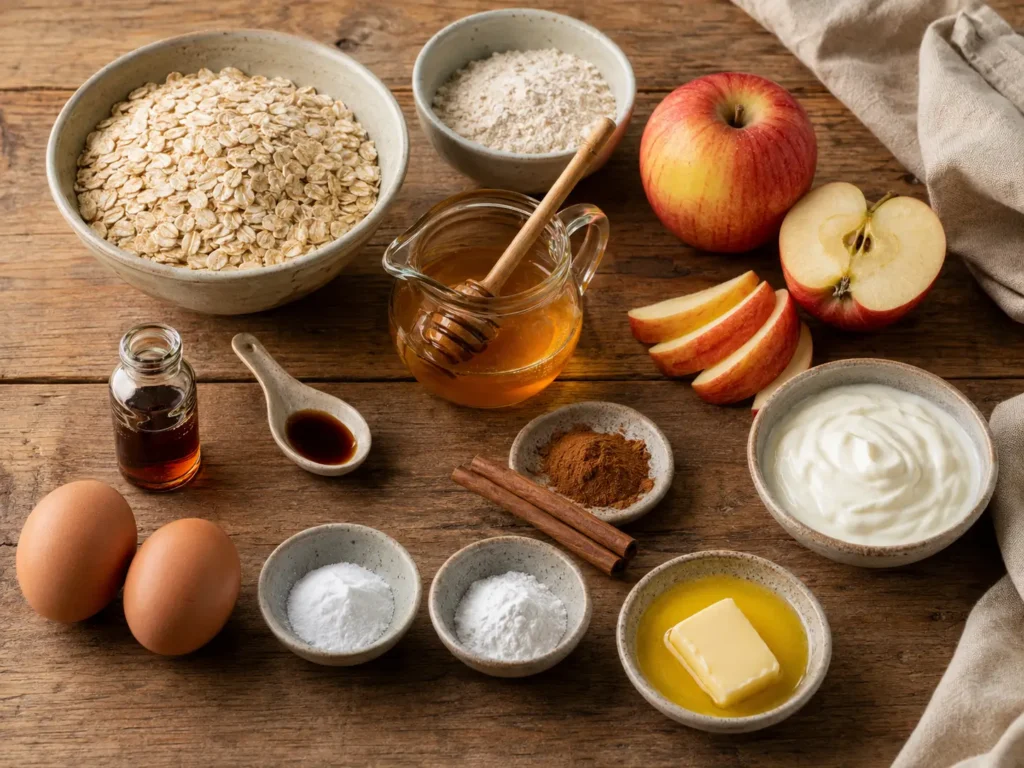 Oats, apples, honey, vanilla, cinnamon, yogurt, eggs, baking powder, baking soda, and butter arranged on a rustic wooden table.