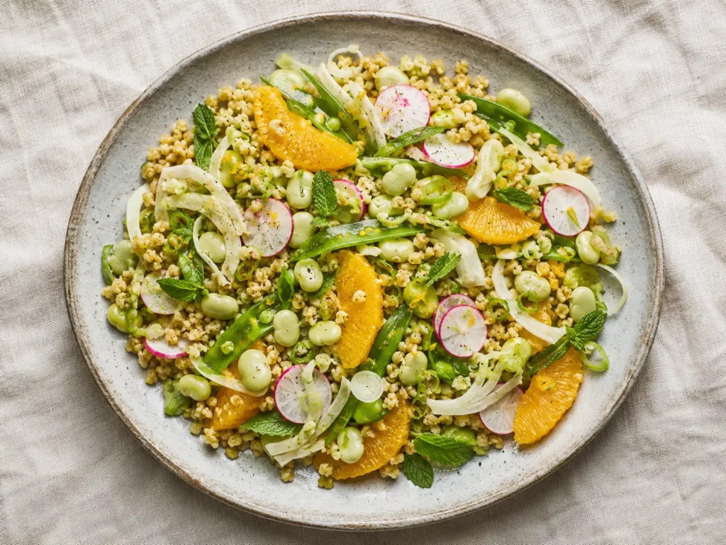 Orange Mint Freekeh Salad with lima beans, citrus, fennel, radishes, snap peas, and fresh mint