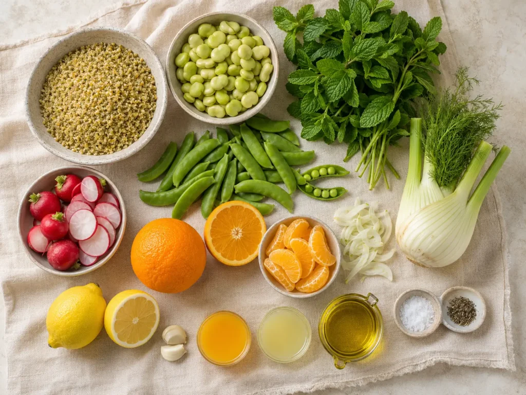Cracked freekeh, lima beans, mint, fennel, snap peas, radishes, oranges, lemon, garlic, olive oil, and seasonings arranged overhead.