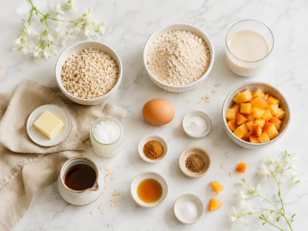 Overhead flat lay of peach oatmeal breakfast cookie ingredients on a white marble countertop, featuring oats, whole wheat flour, diced peaches, almond milk, maple syrup, egg, butter, coconut oil, cinnamon, nutmeg, baking powder, and salt with white flowers and beige linen.