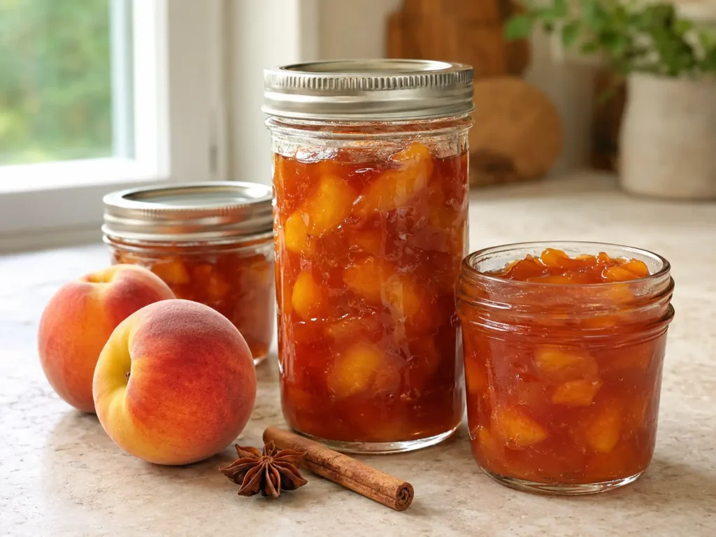 Homemade SPICED PEACH JAM in a glass jar with fresh peaches and warm spices