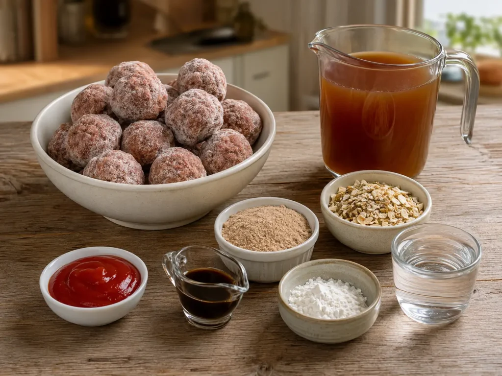 Frozen meatballs with beef broth, gravy mix, onion soup mix, ketchup, Worcestershire sauce, cornstarch, and water arranged on a wooden table.