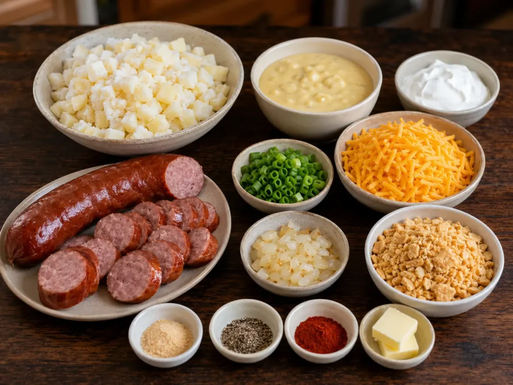 Smoked kielbasa, frozen diced potatoes, cheddar cheese, sour cream, cream of chicken soup, onions, spices, butter, and crushed crackers arranged on a rustic wooden table.