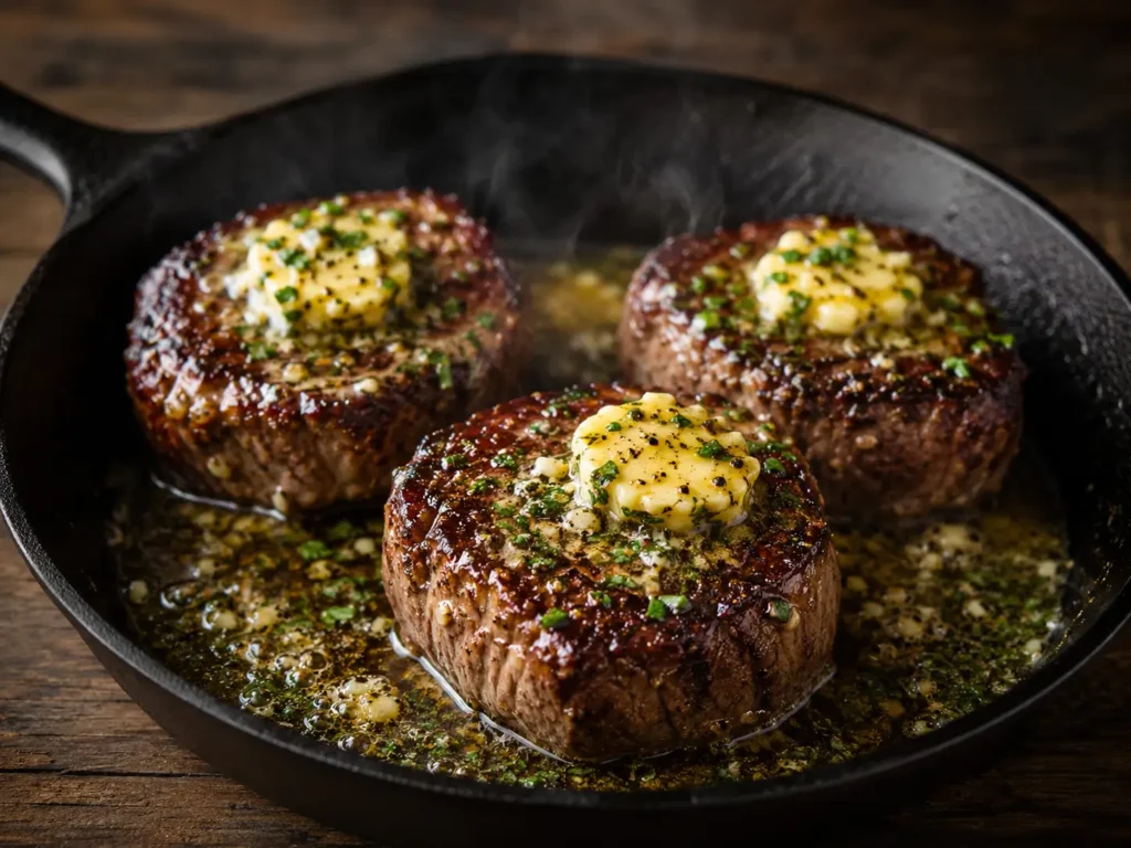 Seared Steak with Garlic Butter sliced and served from a skillet