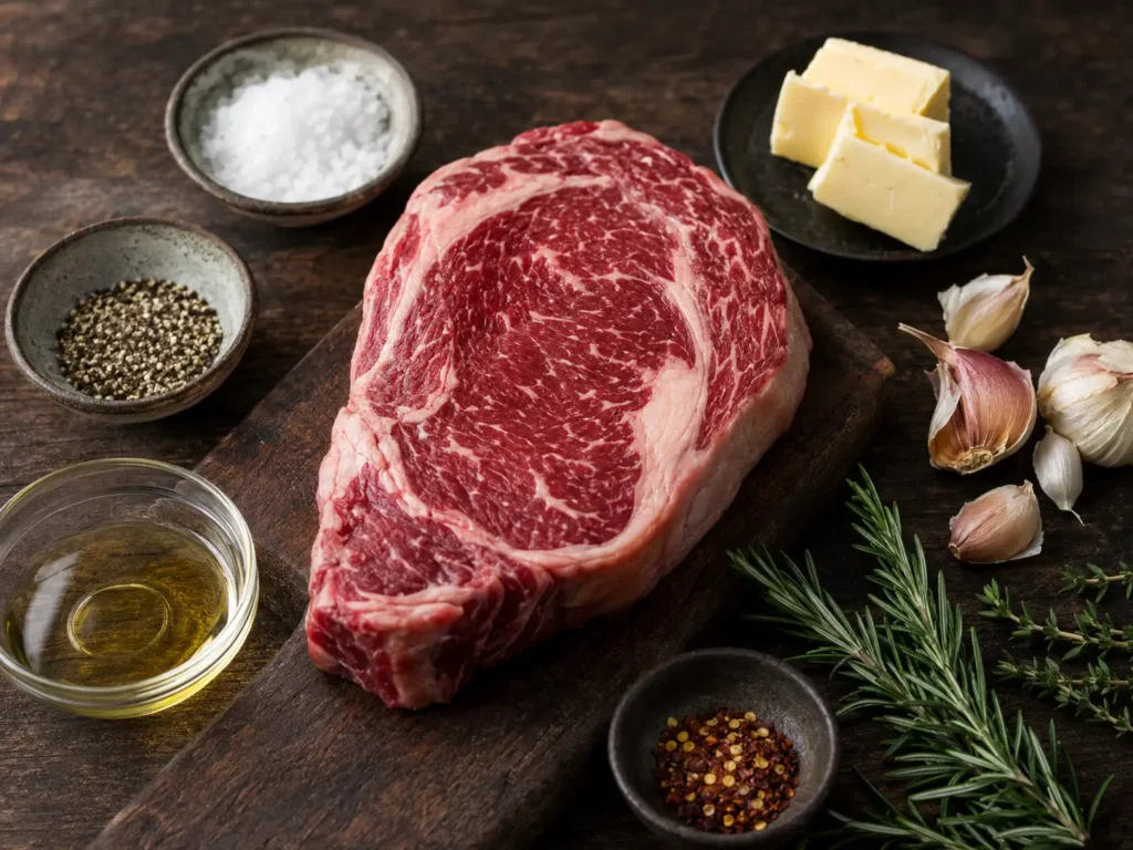 Raw ribeye steak with butter, garlic, fresh rosemary, thyme, salt, black pepper, cooking oil, and red pepper flakes on a rustic wooden table.