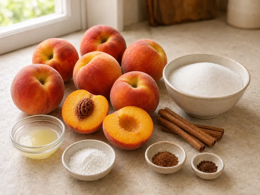 Fresh peaches, lemon juice, sugar, low-sugar pectin, cinnamon, allspice, and cloves arranged for homemade spiced peach jam.