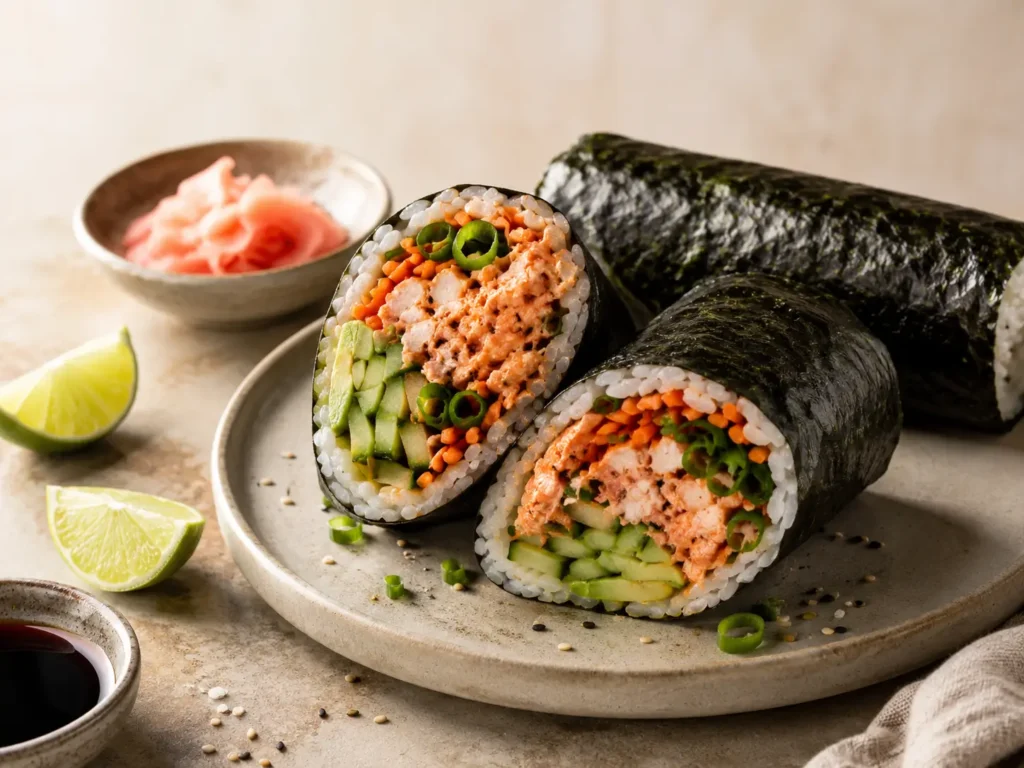Spicy Salmon Sushi Roll-Ups filled with avocado, cucumber, carrot, rice, and creamy salmon