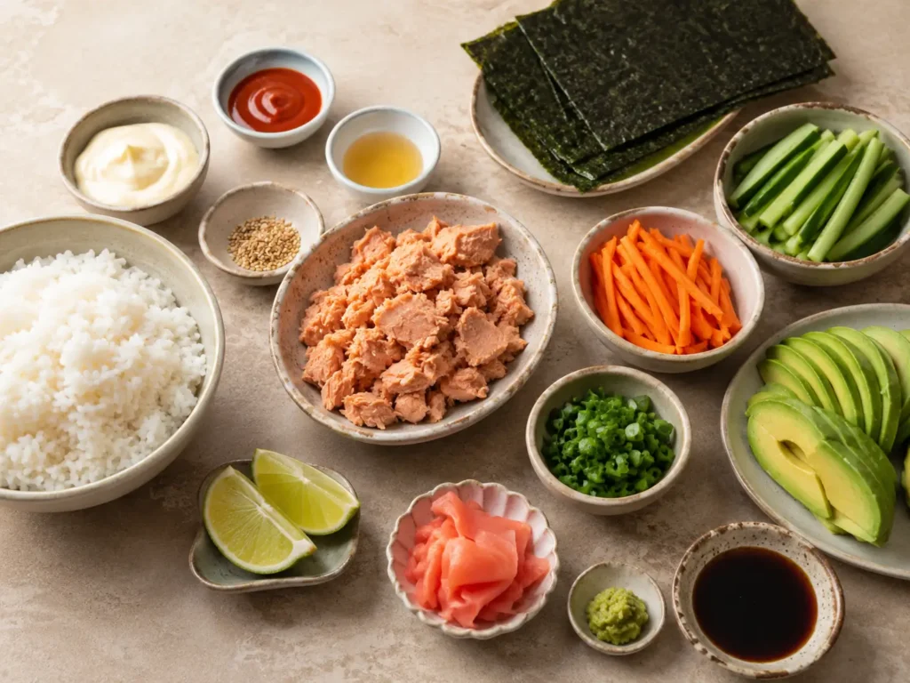 Ingredients for spicy salmon sushi wraps arranged in ceramic bowls, including canned salmon, sushi rice, nori sheets, avocado, cucumber, carrots, scallions, mayonnaise, sriracha, sesame seeds, lime, pickled ginger, wasabi, and tamari.
