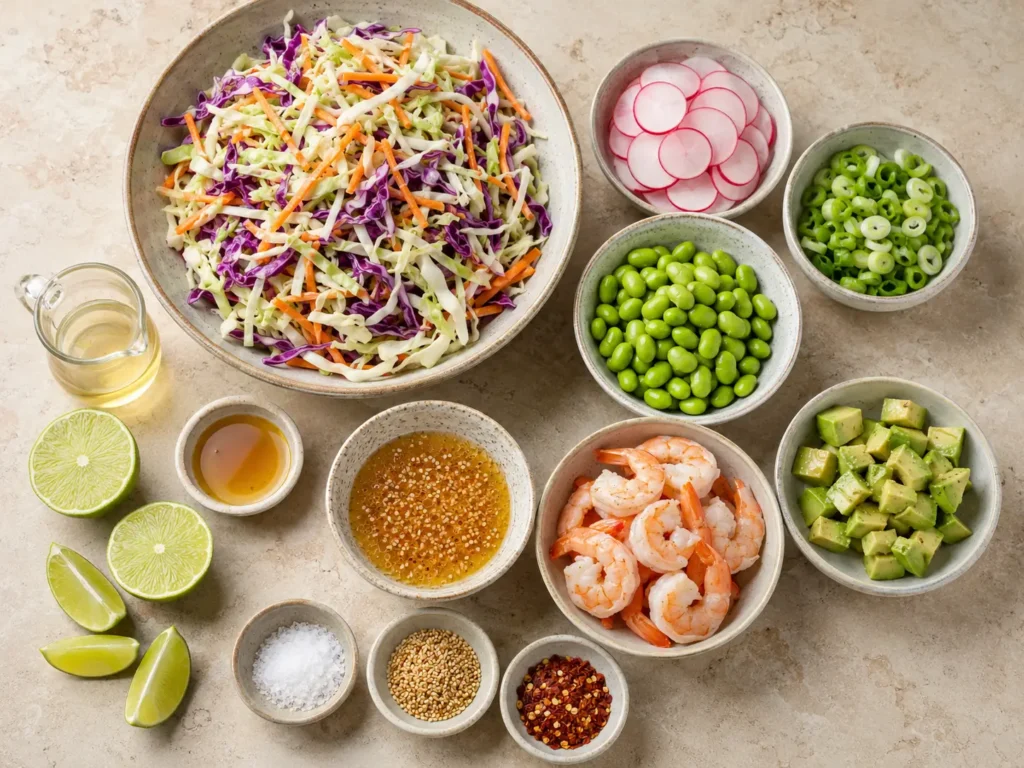 Ingredients for spicy shrimp slaw bowls, including shrimp, coleslaw mix, edamame, avocado, radishes, scallions, lime, sesame seeds, and dressing.