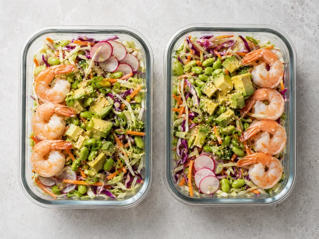 Spicy Shrimp Slaw Bowls with edamame, avocado, radishes, shrimp, and crisp sesame-lime cabbage slaw