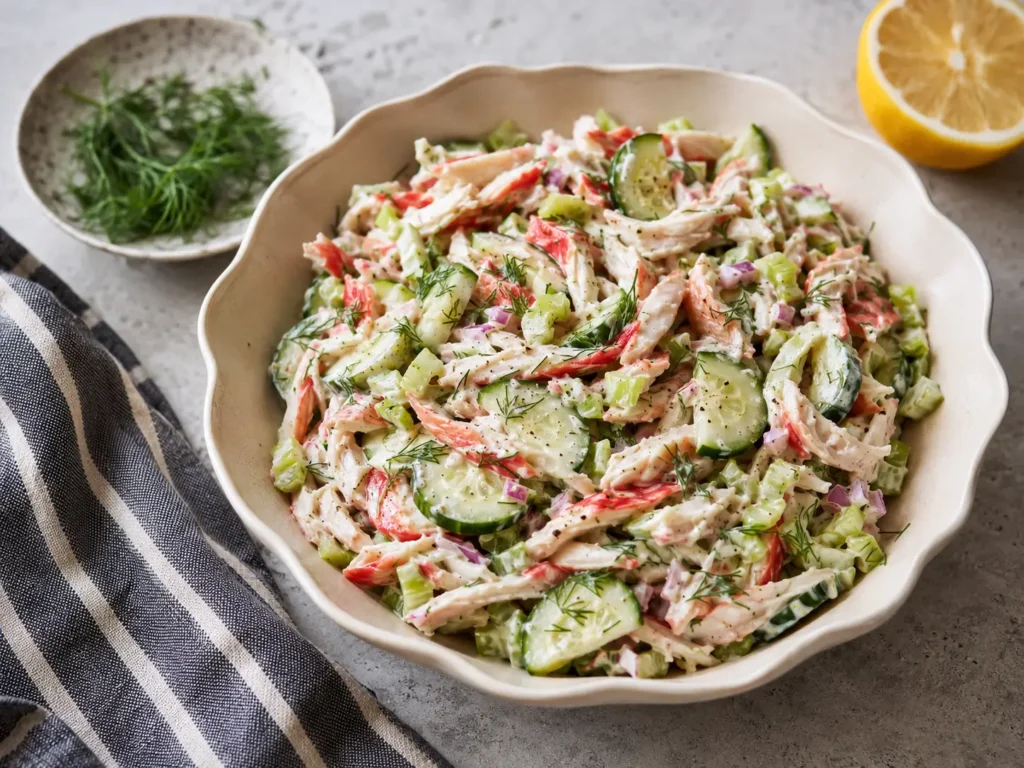 Surimi Salad with imitation crab, cucumber, tomato, celery, red onion, and creamy dill dressing