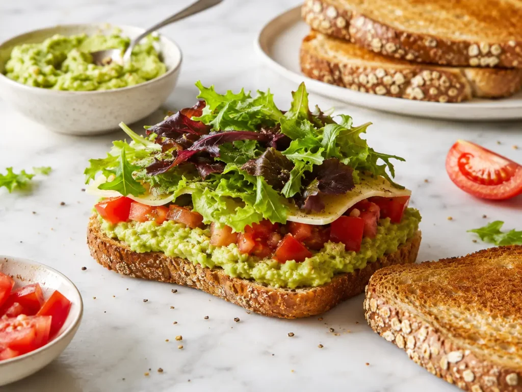 White Bean & Avocado Sandwich with roasted peppers, Cheddar, and baby lettuce on toasted whole-wheat bread