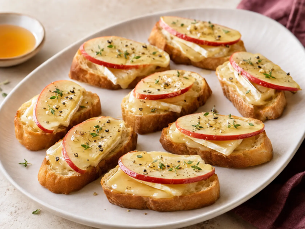 Apple Brie Crostini with melted brie, sliced apple, honey, pepper, and thyme