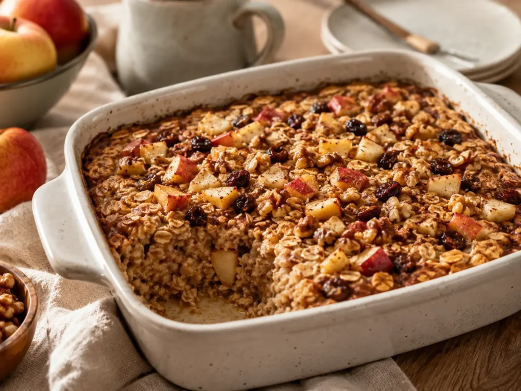 Warm Apple Baked Oatmeal in a cream ceramic baking dish with tender apple pieces, raisins, cinnamon, and chopped walnuts