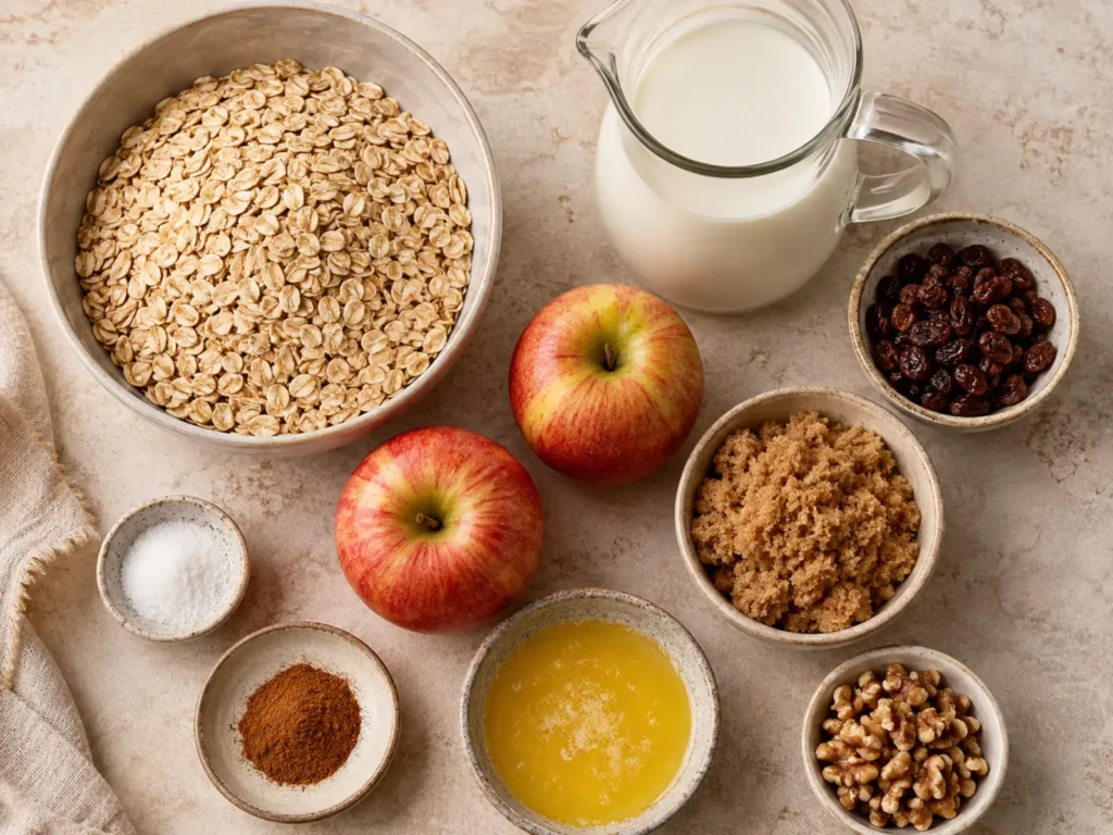 Ingredients for Apple Baked Oatmeal arranged with rolled oats, apples, milk, raisins, brown sugar, melted butter, cinnamon, salt, and optional walnuts