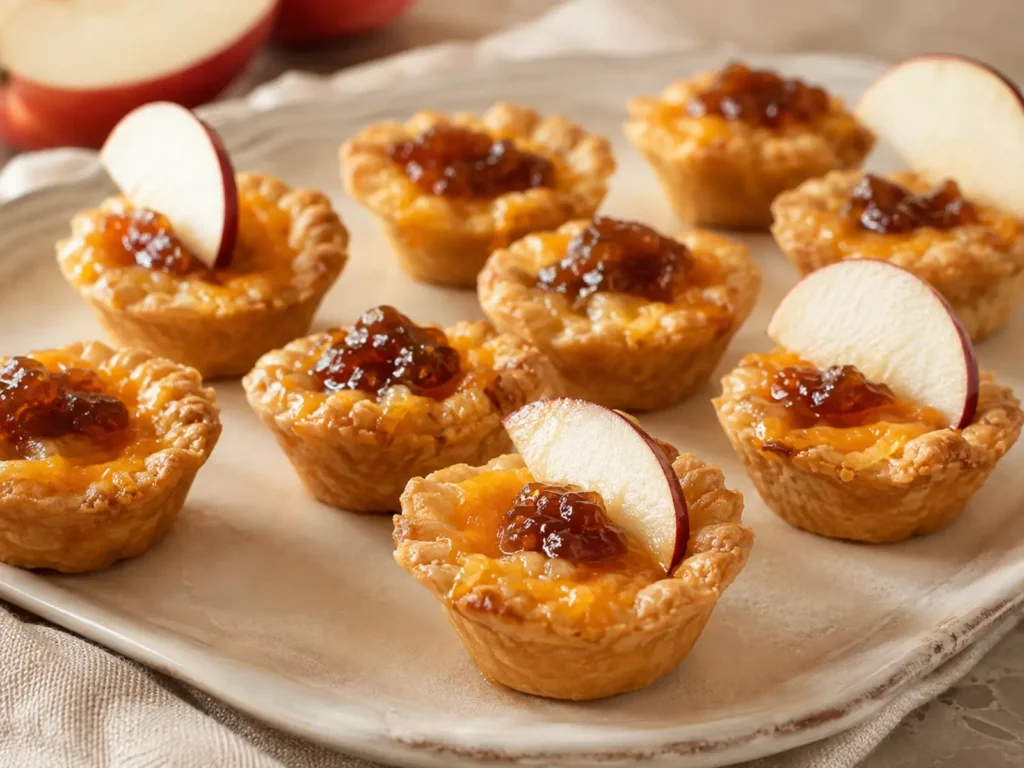 Golden Apple Cheddar Bites filled with melted cheese and apple butter in miniature pastry shells