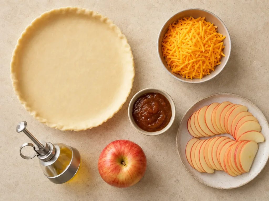 Ingredients for Apple Cheddar Bites arranged with pie crust, Cheddar cheese, apple butter, fresh apple, and cooking spray