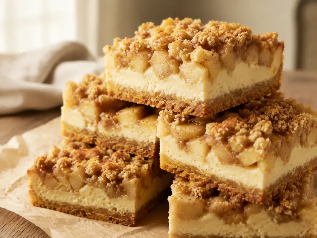 Apple Cheesecake Bars with graham crust, creamy filling, cinnamon apples, and golden crumb topping