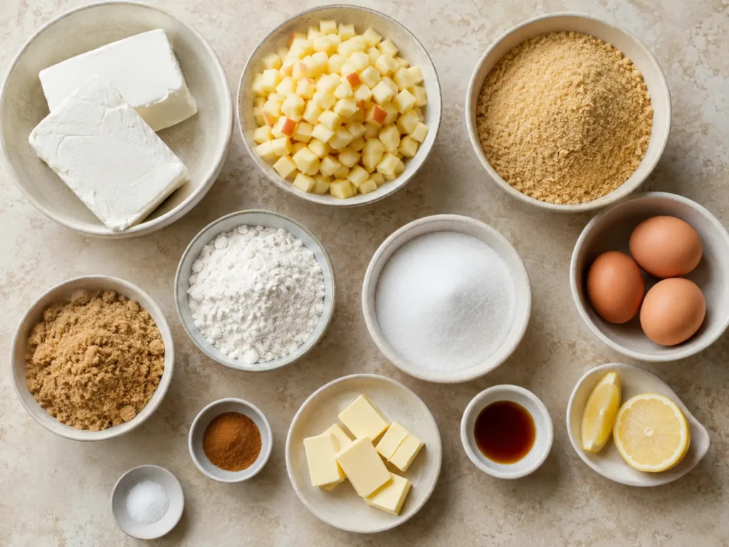Ingredients for Apple Cheesecake Bars arranged with cream cheese, apples, graham crumbs, eggs, flour, sugars, butter, lemon, vanilla, cinnamon, and salt