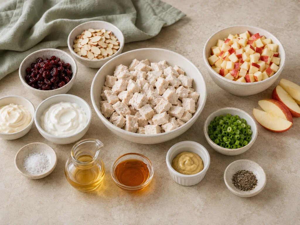 Apple chicken salad ingredients with diced cooked chicken, apples, sliced almonds, dried cranberries, green onions, and creamy dressing components.