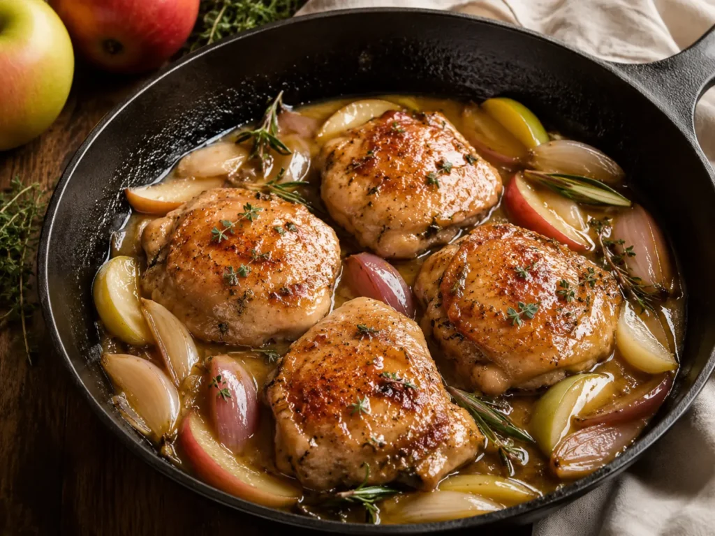 Apple Cider Chicken thighs in a skillet with tender apple slices, shallots, thyme, and glossy cider sauce