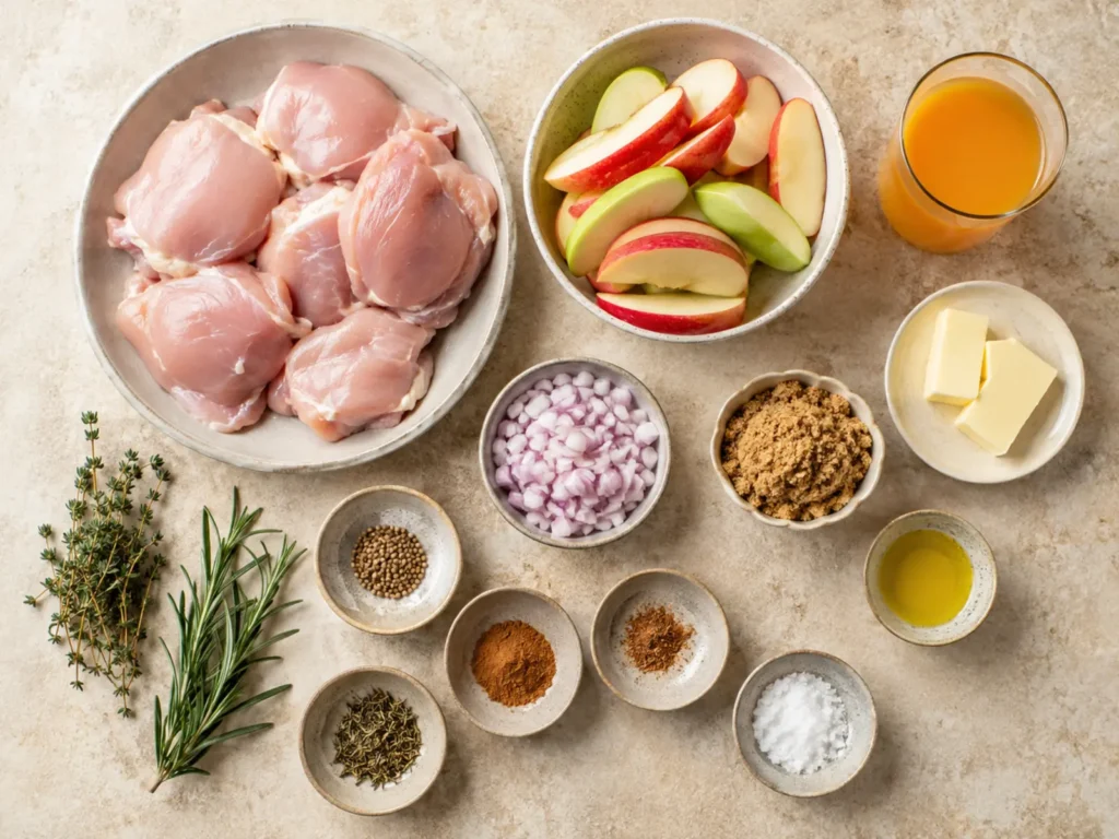 Ingredients for Apple Cider Chicken arranged with chicken thighs, apple slices, shallots, nonalcoholic apple cider, butter, brown sugar, olive oil, coriander, cinnamon, nutmeg, thyme, salt, and pepper