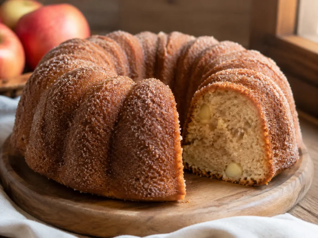 Apple Cider Donut Cake in a fluted Bundt shape with a sparkling cinnamon-sugar coating