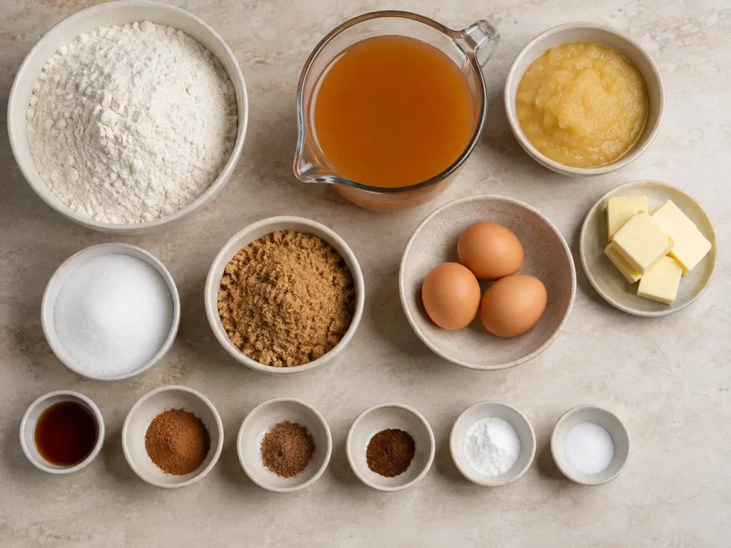 Ingredients for Apple Cider Donut Cake arranged with flour, apple cider, applesauce, butter, eggs, sugars, vanilla, cinnamon, nutmeg, allspice, baking powder, baking soda, and salt