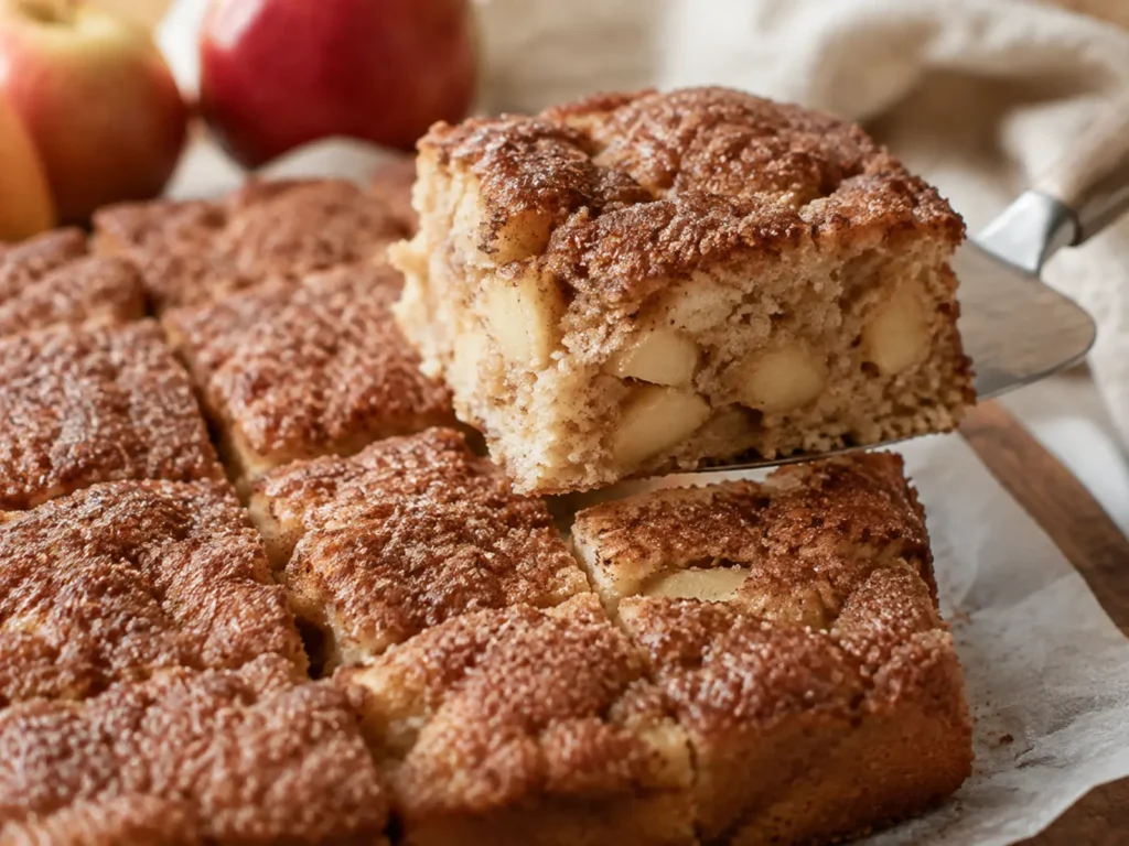 Moist Apple Cinnamon Cake with apple pieces and a crisp cinnamon-sugar top