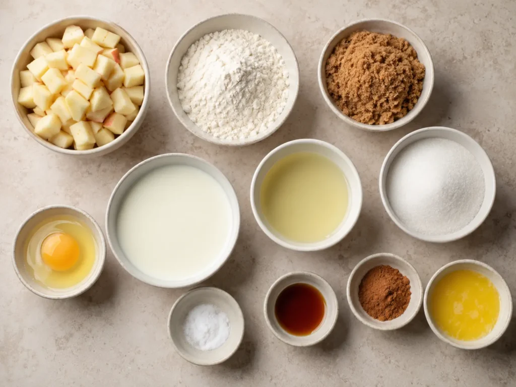Ingredients for Apple Cinnamon Cake arranged with apples, flour, brown sugar, buttermilk, oil, egg, cinnamon, vanilla, baking soda, and butter