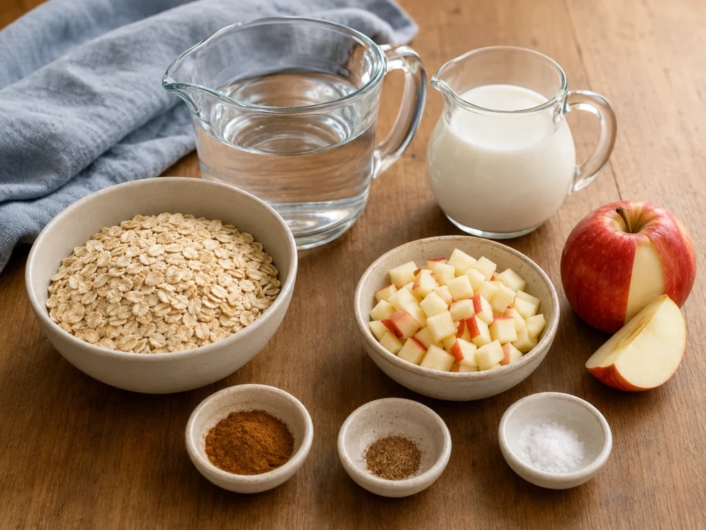 Apple cinnamon oatmeal ingredients with rolled oats, diced apple, water, skim milk, cinnamon, nutmeg, and salt.