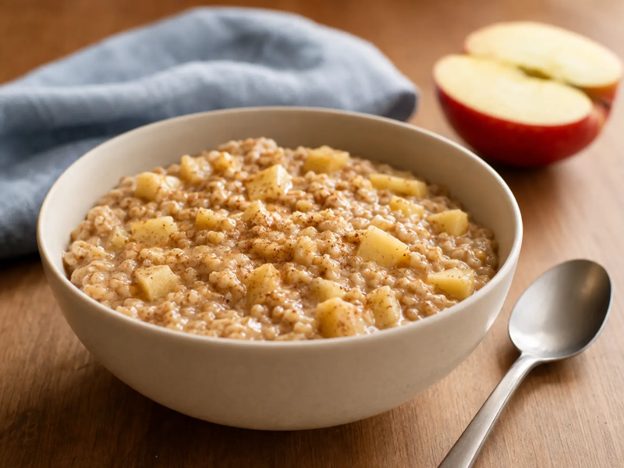 Apple Cinnamon Oatmeal with tender diced apples in a cream breakfast bowl