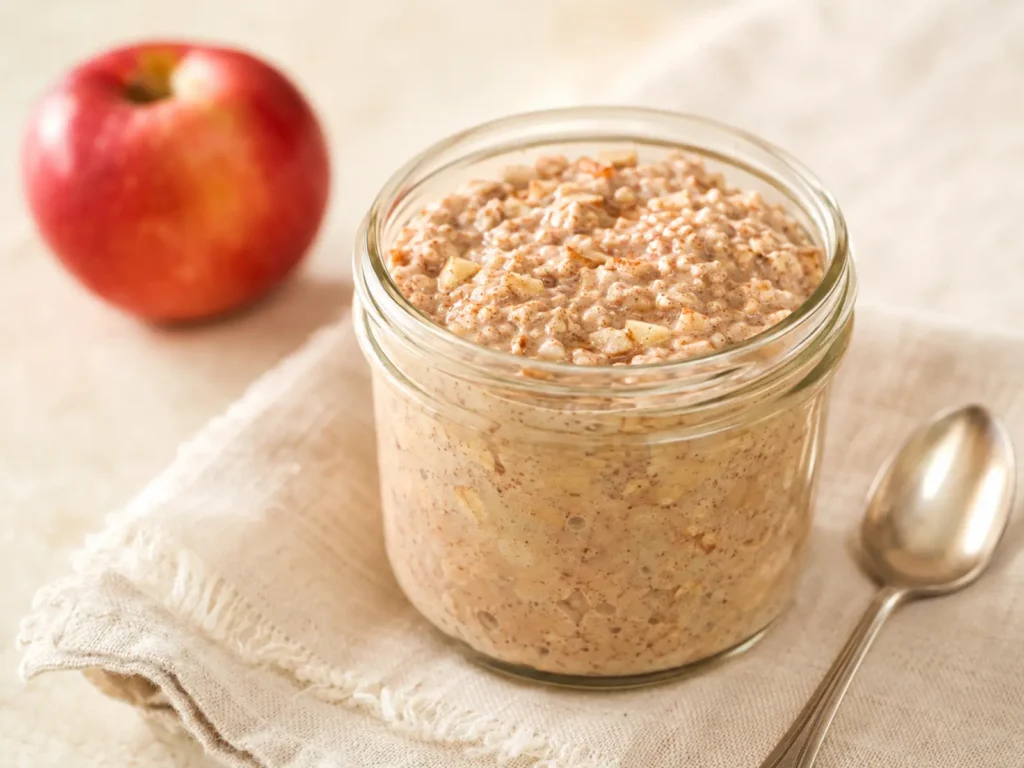 Creamy Apple Cinnamon Overnight Oats in a glass jar with visible oats and cinnamon