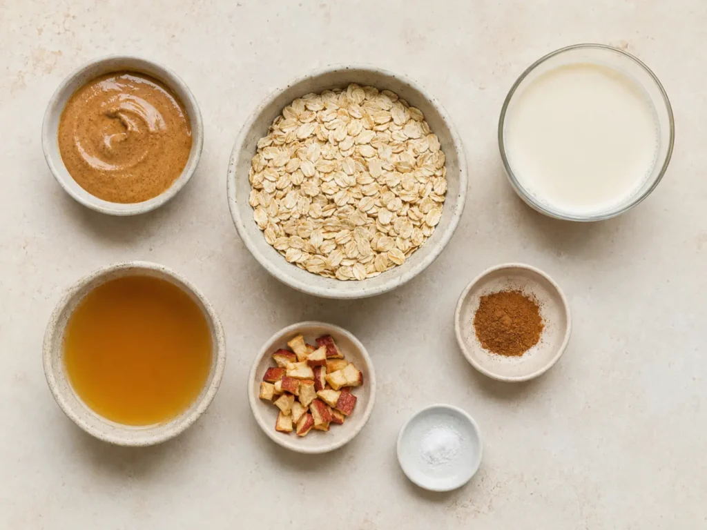 Ingredients for Apple Cinnamon Overnight Oats arranged with rolled oats, almond butter, almond milk, apple juice, dried apple, cinnamon, and salt
