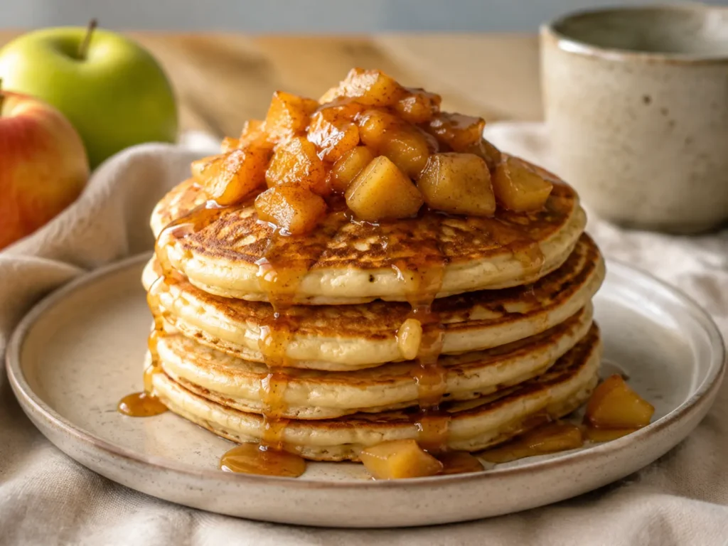 Fluffy Apple Cinnamon Pancakes stacked with warm diced apple-maple topping and cinnamon
