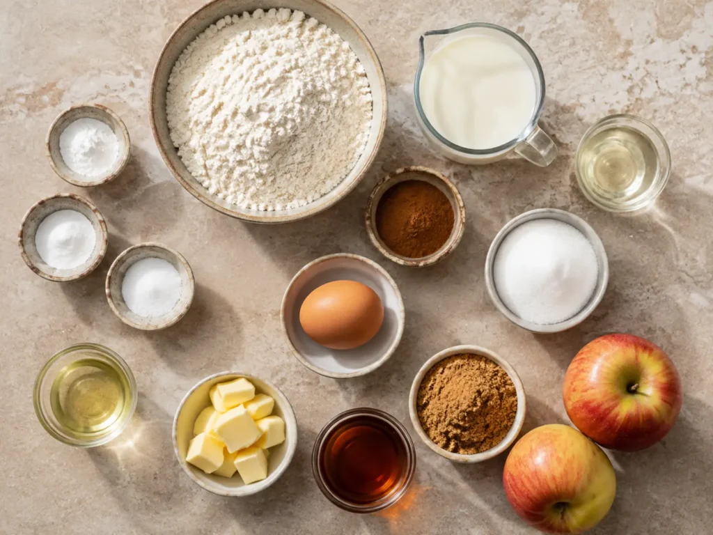 Ingredients for Apple Cinnamon Pancakes arranged with flour, milk, vinegar, sugar, cinnamon, baking powder, baking soda, salt, egg, oil, butter, apples, brown sugar, and maple syrup