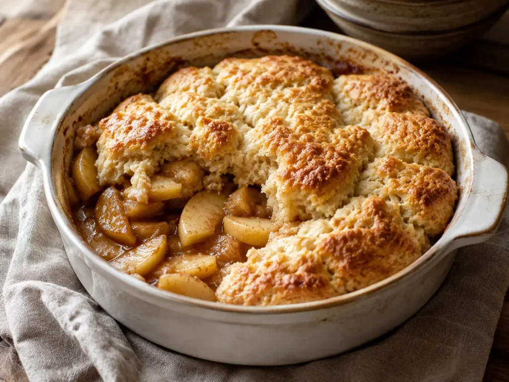 Warm Apple Cobbler with golden buttermilk biscuit topping and cinnamon-spiced apple filling