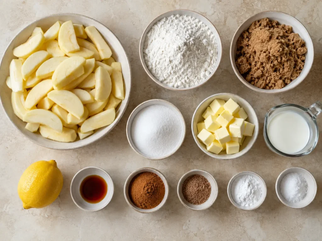 Ingredients for Apple Cobbler arranged with apples, flour, brown sugar, butter, buttermilk, lemon, vanilla, cinnamon, nutmeg, baking powder, and salt