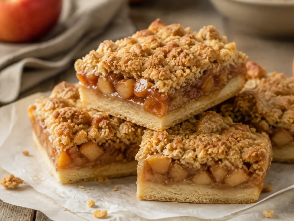 Apple Crumb Bars stacked to reveal buttery shortbread, cinnamon apples, and golden oat crumble