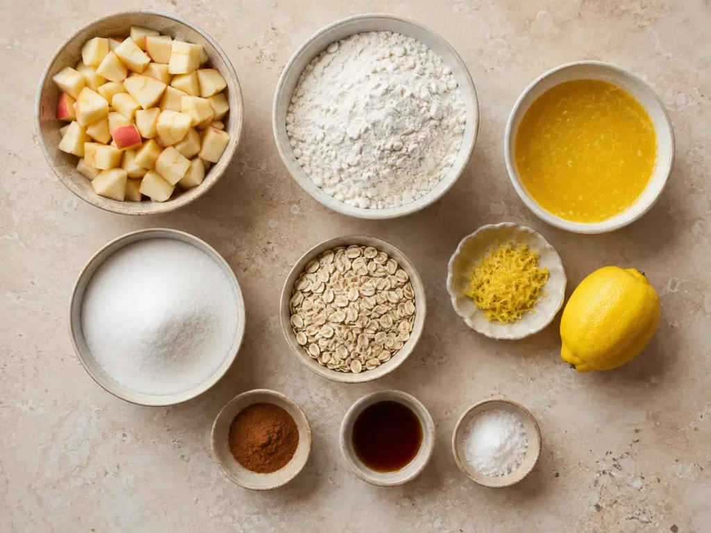 Ingredients for Apple Crumb Bars arranged with apples, flour, butter, sugar, oats, lemon, cinnamon, vanilla, and salt