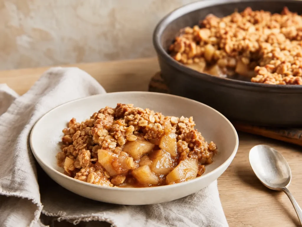Warm Apple Crumble with tender cinnamon apples beneath a golden buttery topping