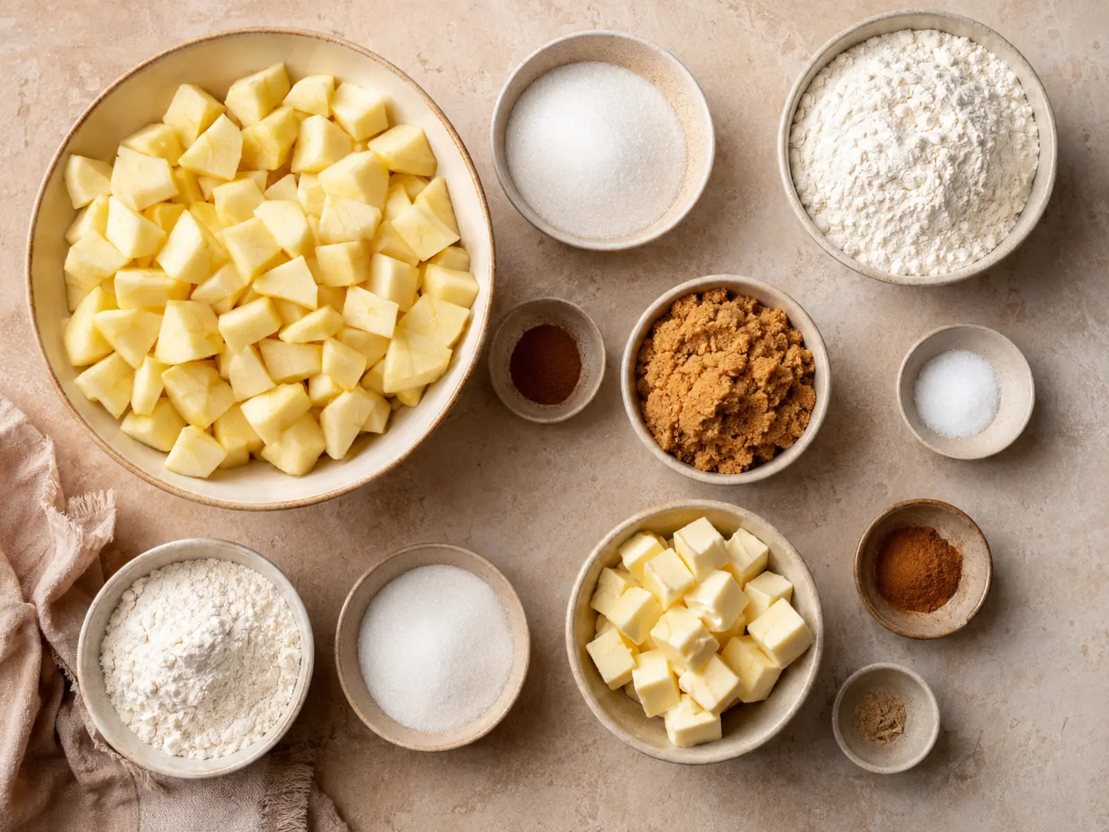 Ingredients for Apple Crumble arranged with diced apples, flour, sugars, cold butter, cinnamon, salt, and ginger