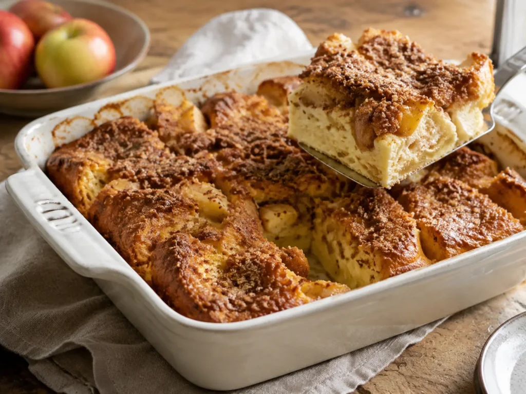 Golden Apple French Toast Casserole with thick brioche slices, cinnamon apples, and crumb topping in a ceramic baking dish