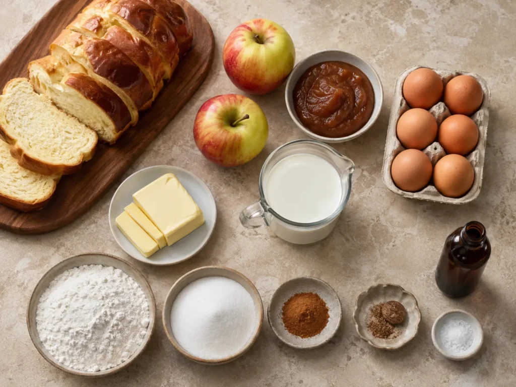 Ingredients for Apple French Toast Casserole arranged with brioche, apples, apple butter, eggs, half-and-half, butter, flour, sugar, cinnamon, vanilla, nutmeg, and salt